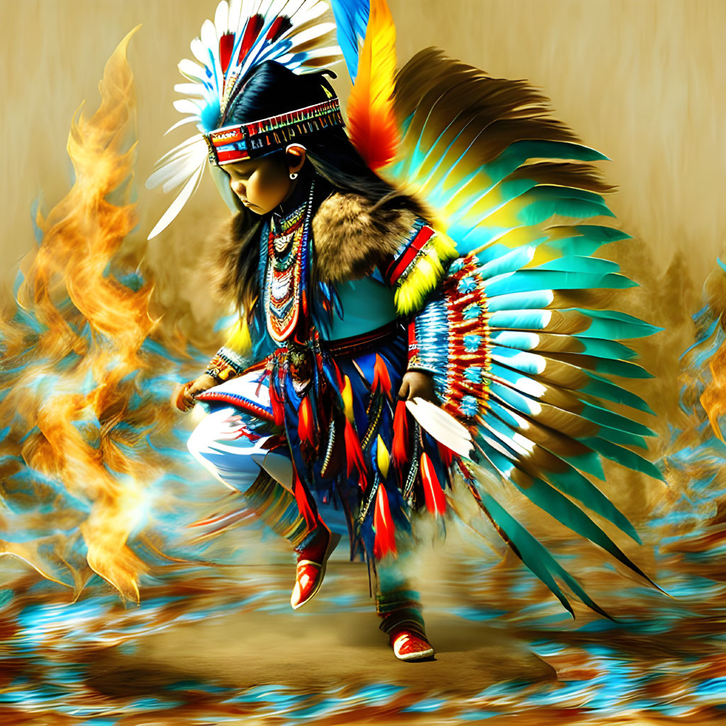 Native American figure in vibrant regalia dancing among flames