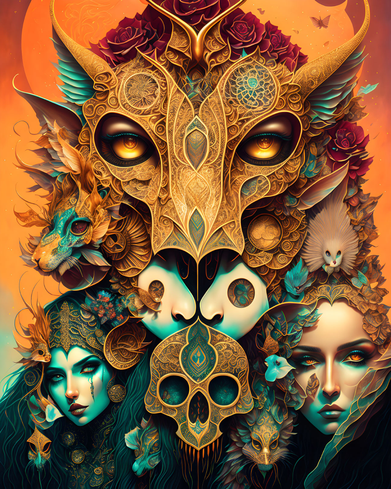 Detailed Artwork: Ornate Animal Masks, Human-like Eyes, Female Figures, Floral Motifs,