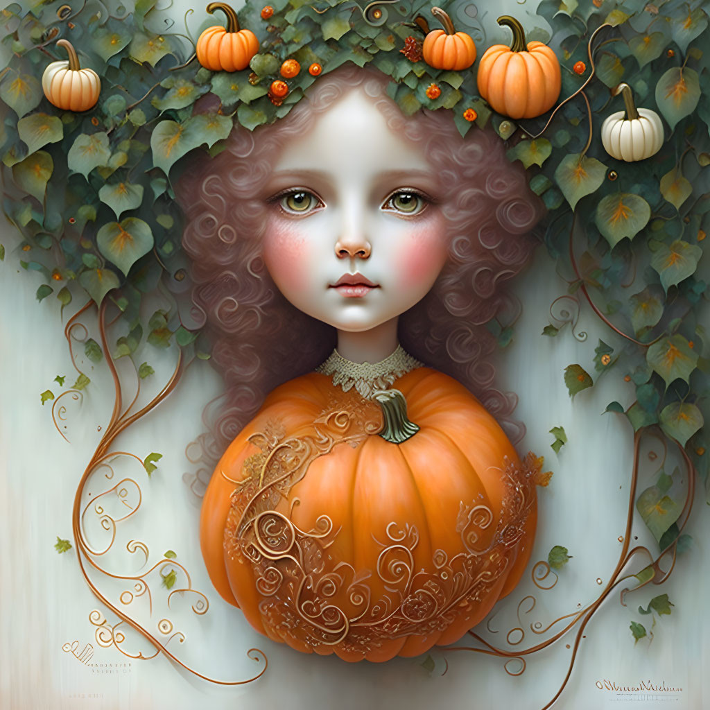 Curly Haired Girl Emerging from Pumpkin with Green Leaves and Golden Patterns