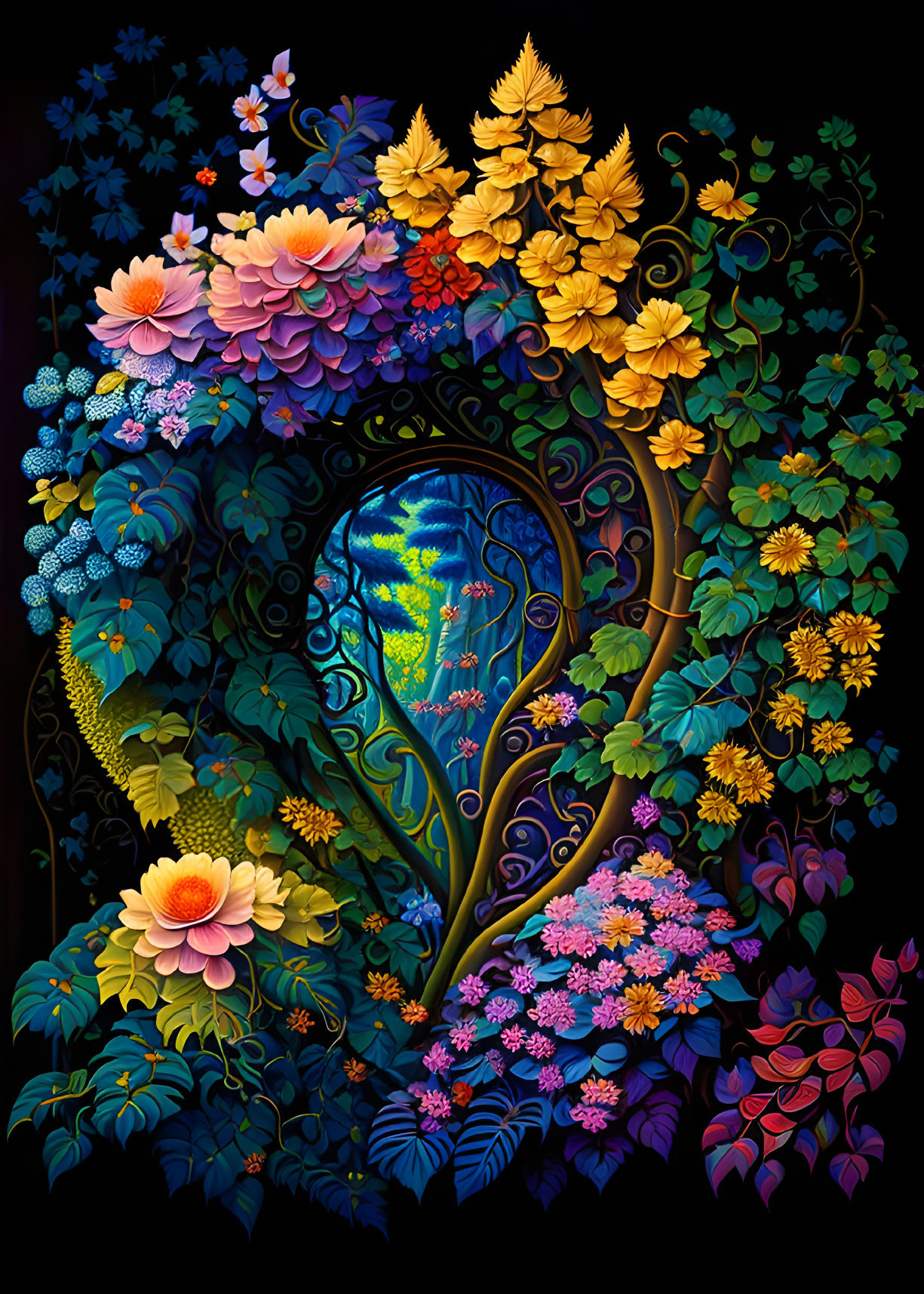 Colorful Floral Arch Illustration with Blue Peacock on Dark Background