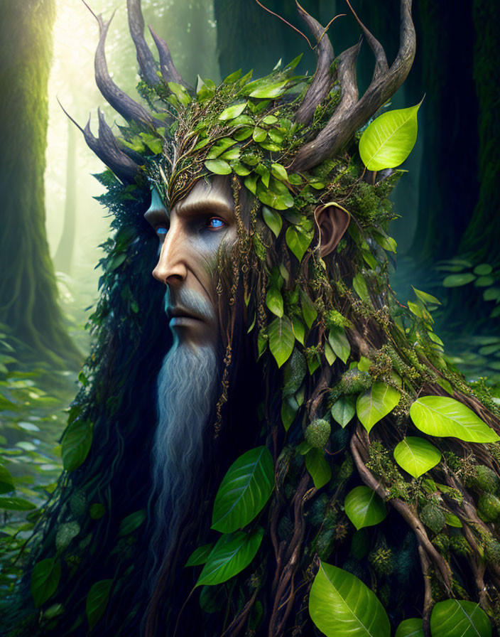 Mystical forest entity with antlers, leafy hair, beard, blue eyes, and tree