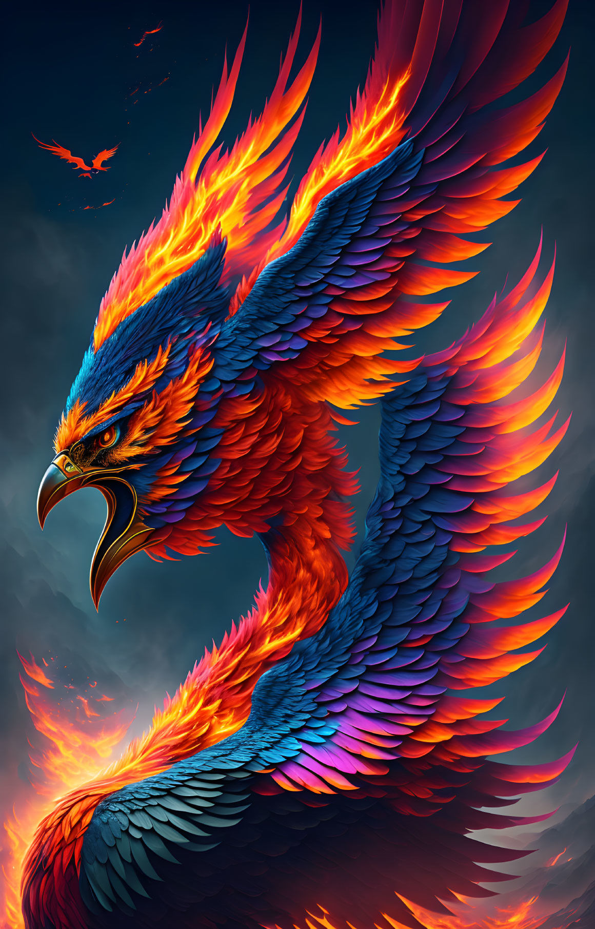 Colorful Phoenix Flying with Blue and Orange Wings in Dramatic Sky