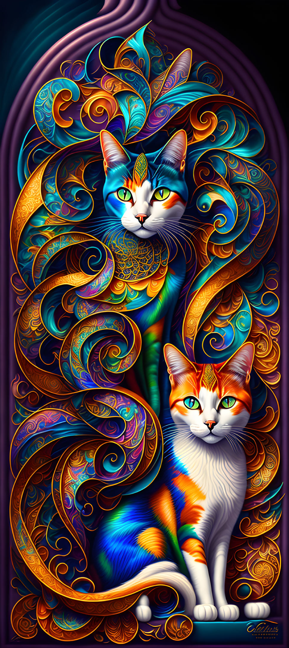 Colorful digital artwork: Two stylized cats in blue, orange, and gold swirls