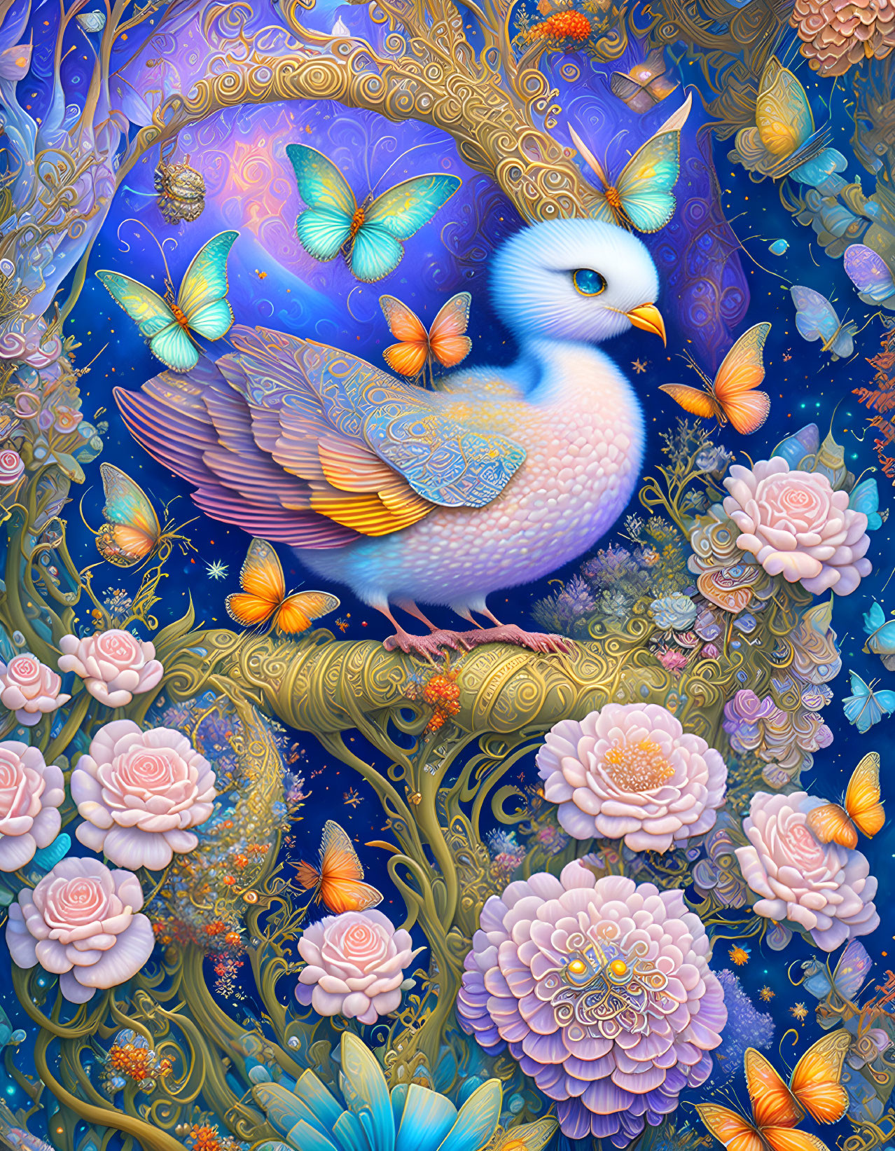 Fantastical blue bird with whimsical flowers and butterflies