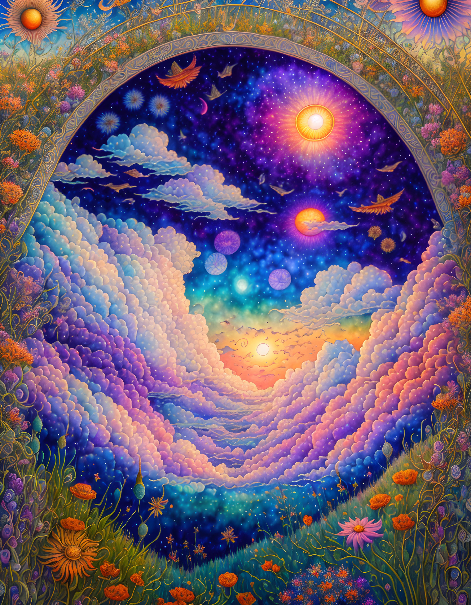 Colorful cosmic scene with stars, planets, sunset, and ornate floral patterns.