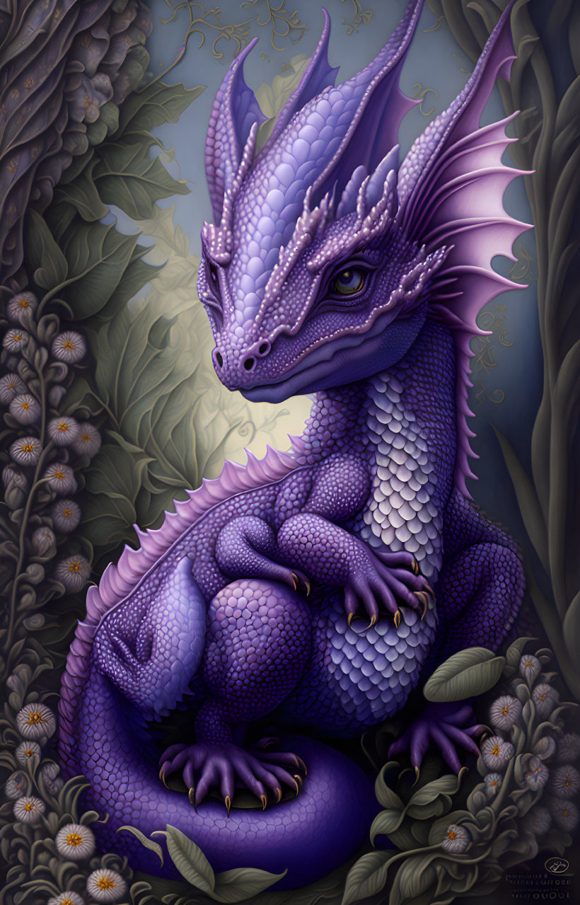 Detailed Illustration: Majestic Purple Dragon Among Lush Foliage