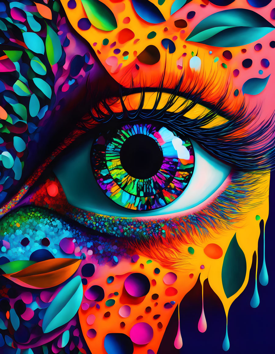 Close-up Eye Artwork: Psychedelic Colors & Dripping Paint