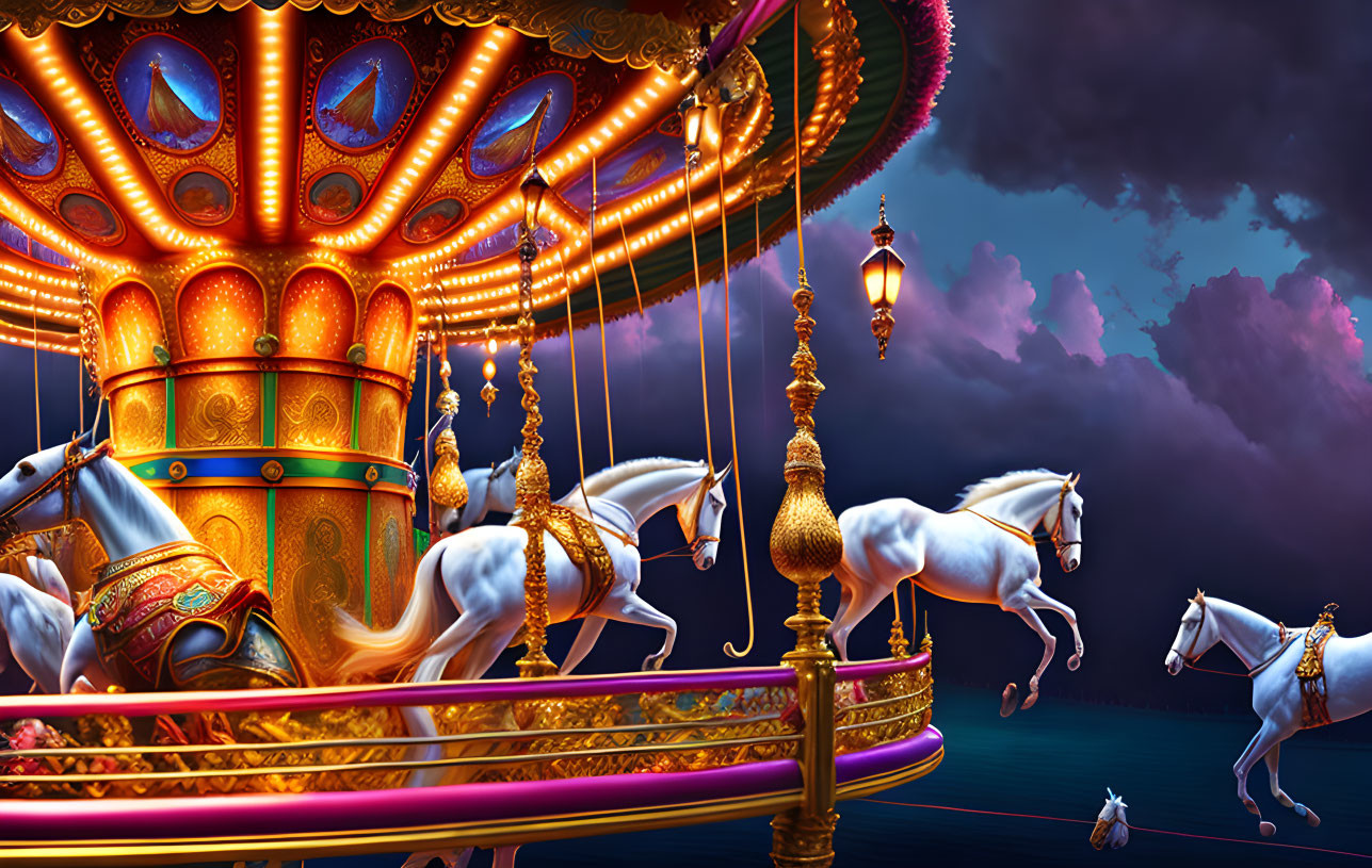 Colorful Carousel with White Horses under Twilight Sky