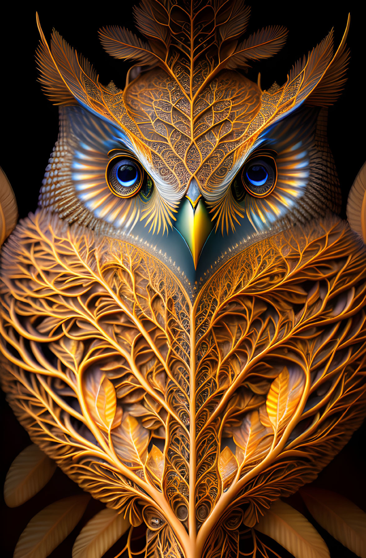 Detailed Digital Artwork: Owl with Gold and Blue Feather Patterns on Dark Background