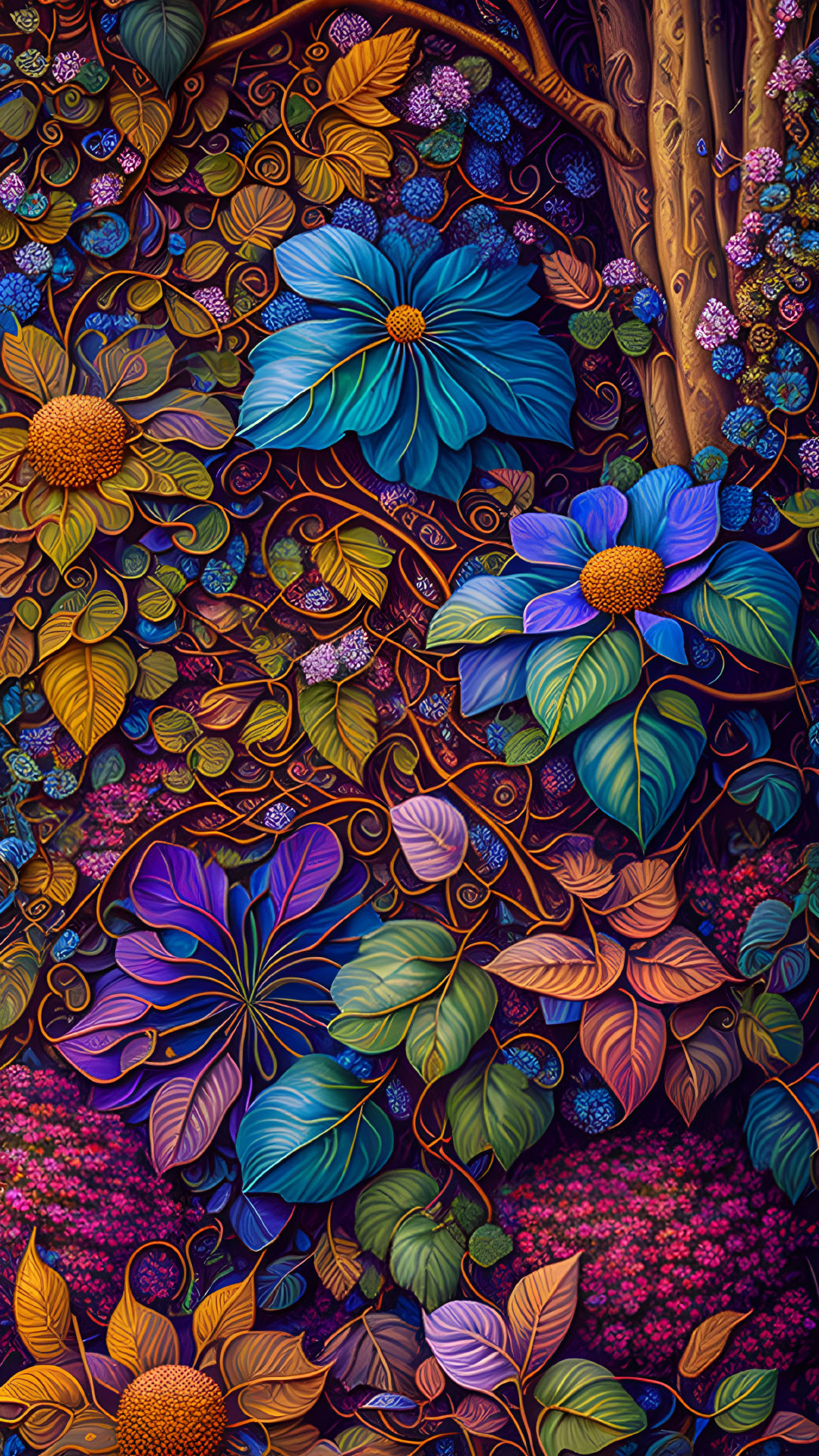 Colorful floral illustration with purple, blue, and golden stylized flowers and leaves.