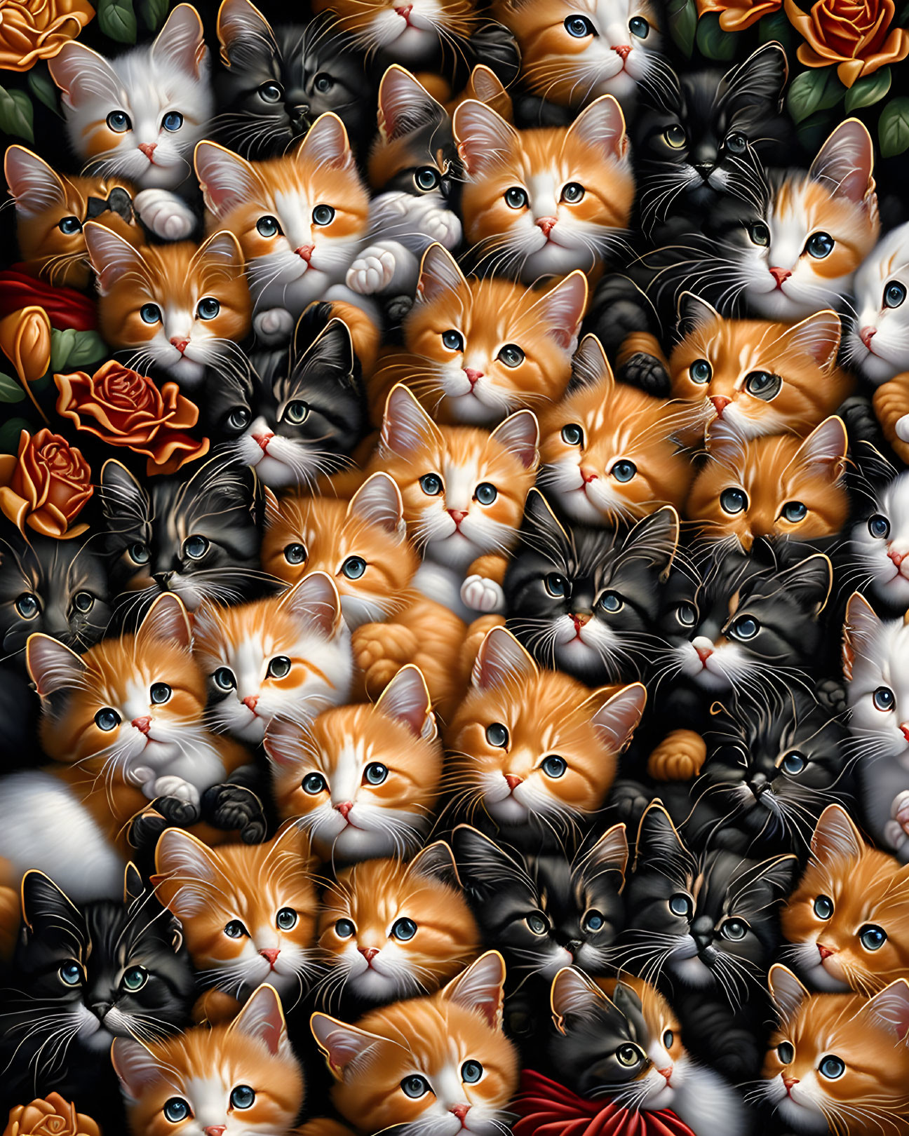 Realistic orange and black fur kittens with roses in a cluster.