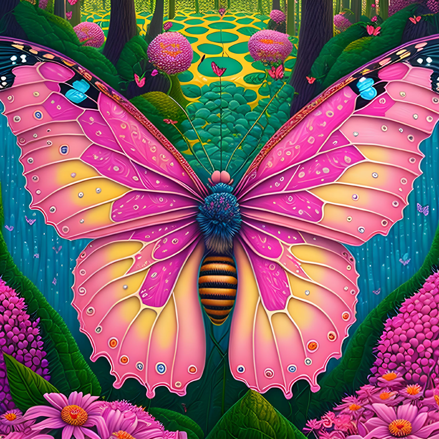 Colorful Butterfly Artwork in Enchanted Forest Setting