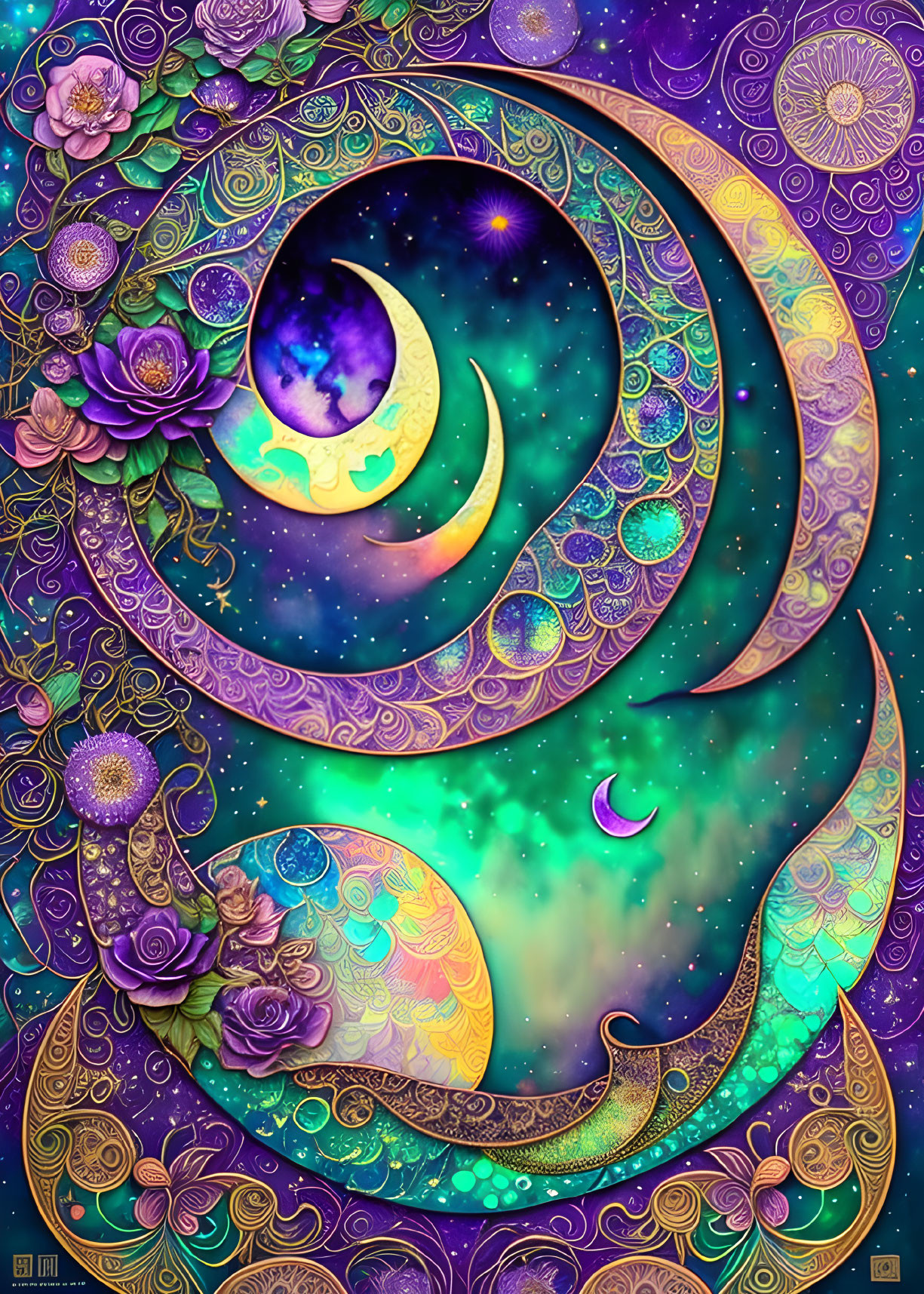 Colorful crescent moon and planet amidst floral and celestial motifs on a starry background