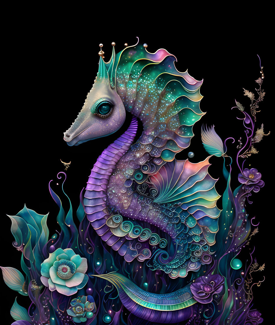 Vibrant seahorse illustration with intricate patterns and crown on black background