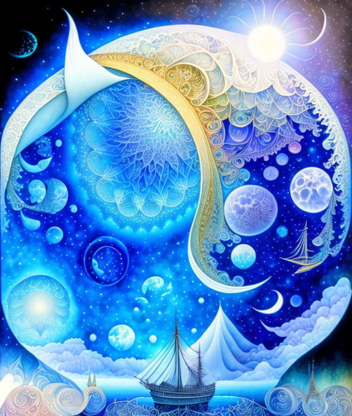 Fantasy art: Crescent moon merging with fish tail, stars, planets, sun, sailing ship in