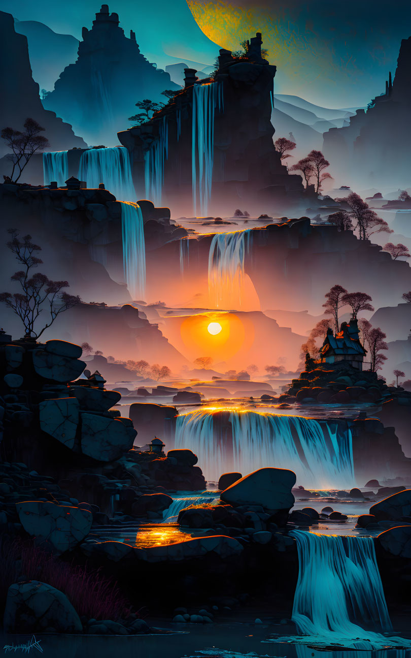 Fantasy landscape at sunset with waterfalls, trees, rocks, and glowing sun