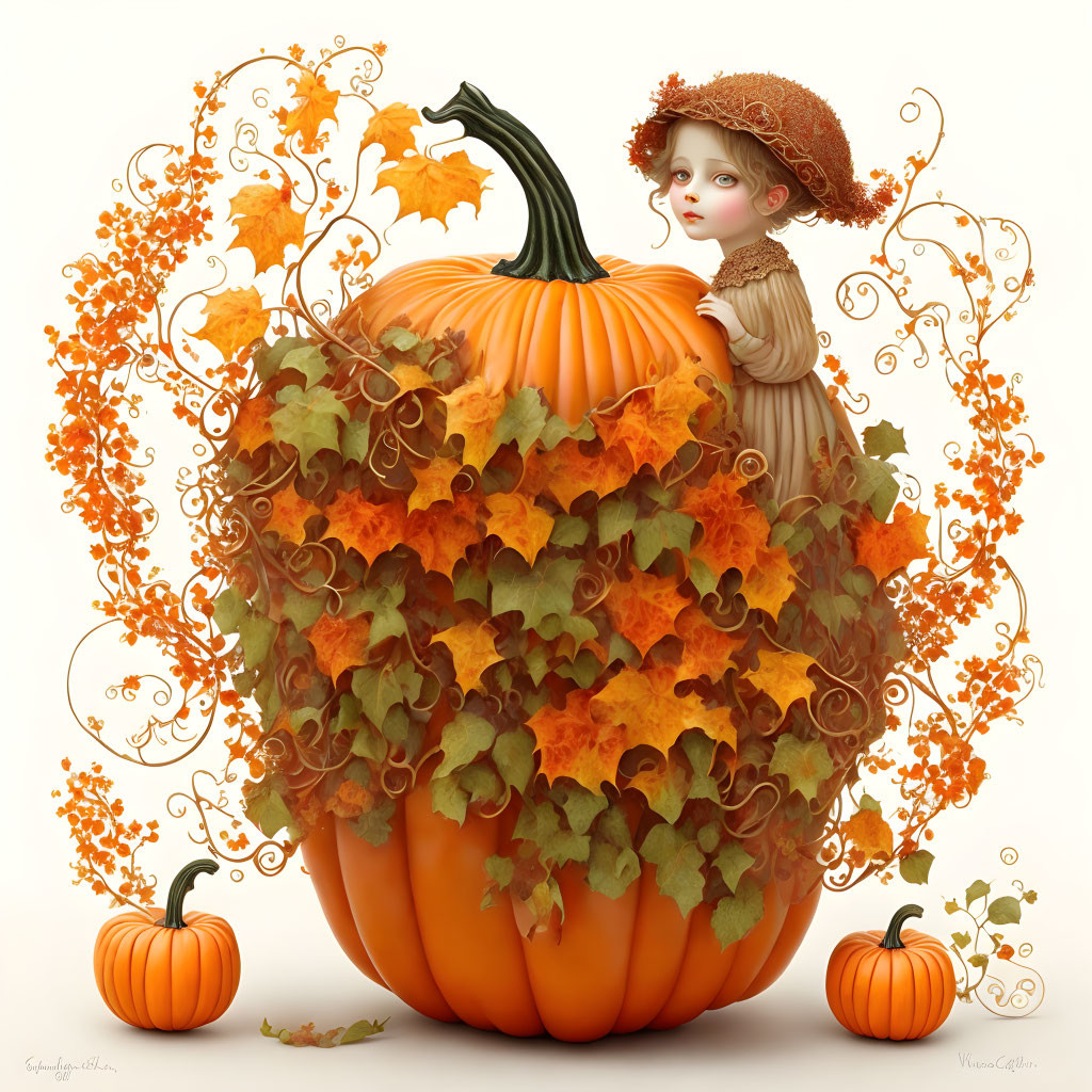 Illustration of girl with bonnet by large autumn pumpkin