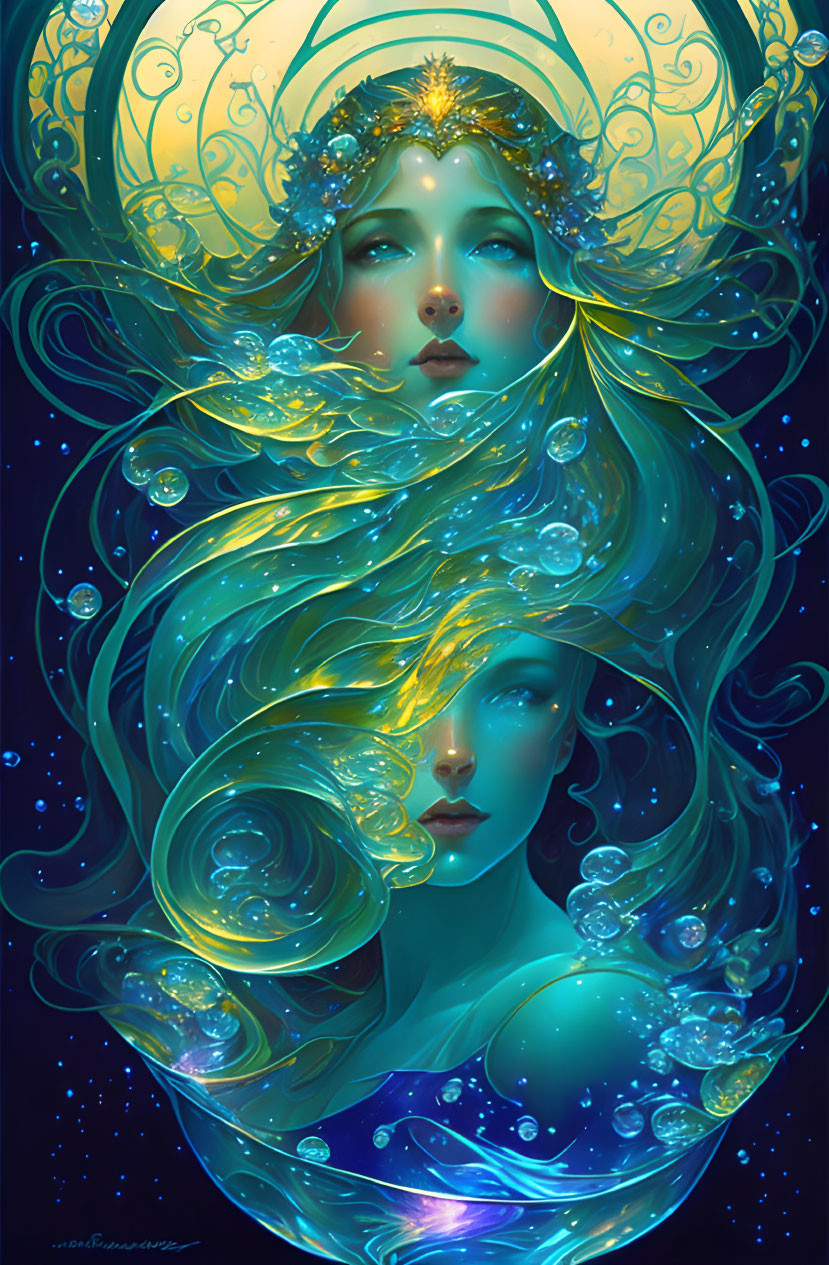 Ethereal women with celestial and aquatic motifs on dark background