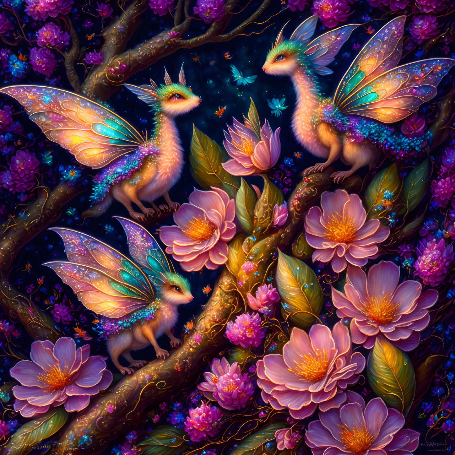 Mythical creatures with butterfly wings in vibrant floral scene