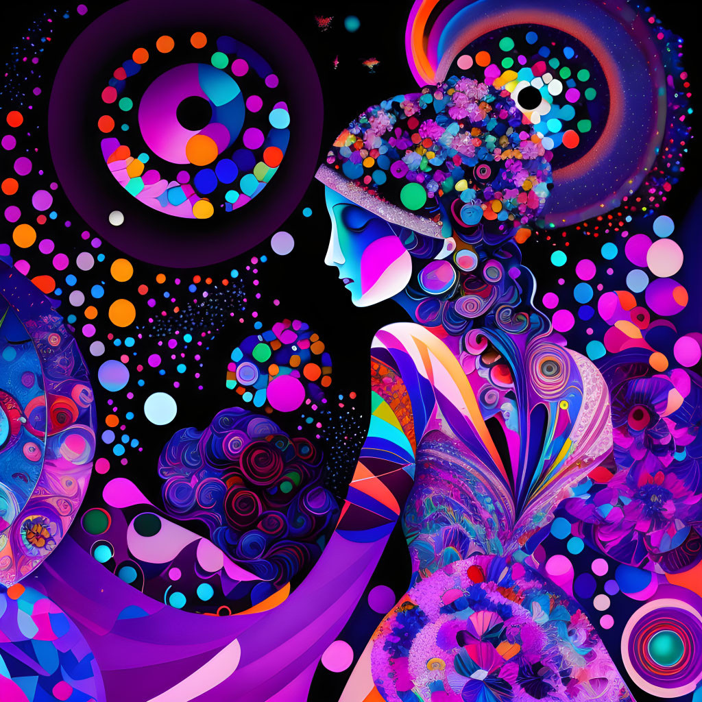 Colorful Psychedelic Woman's Profile Illustration with Cosmic Elements