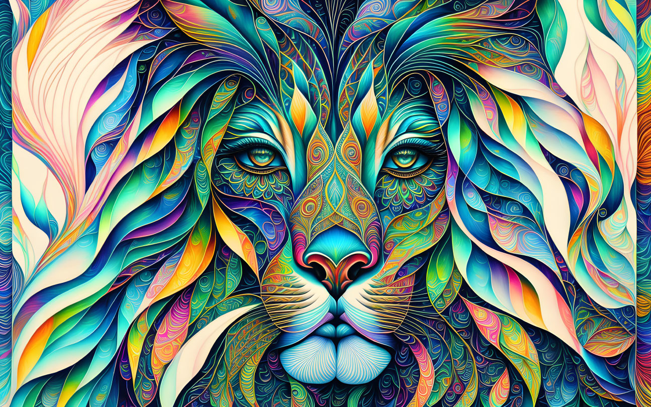 Colorful digital lion face art with intricate psychedelic patterns