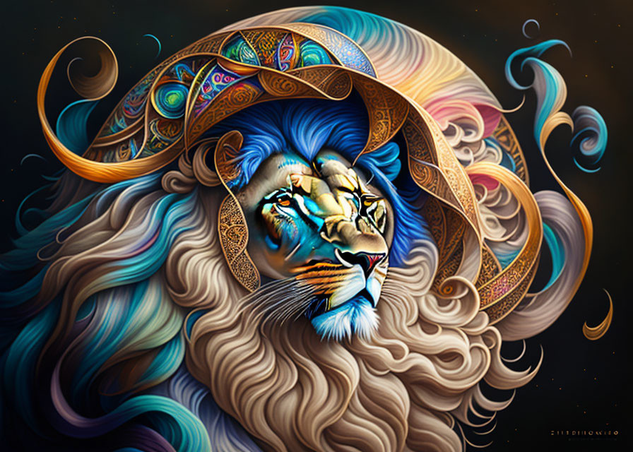 Colorful Lion Illustration with Starry Night Background