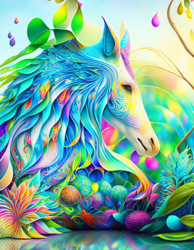 Colorful mythical unicorn illustration with floral patterns and whimsical nature backdrop