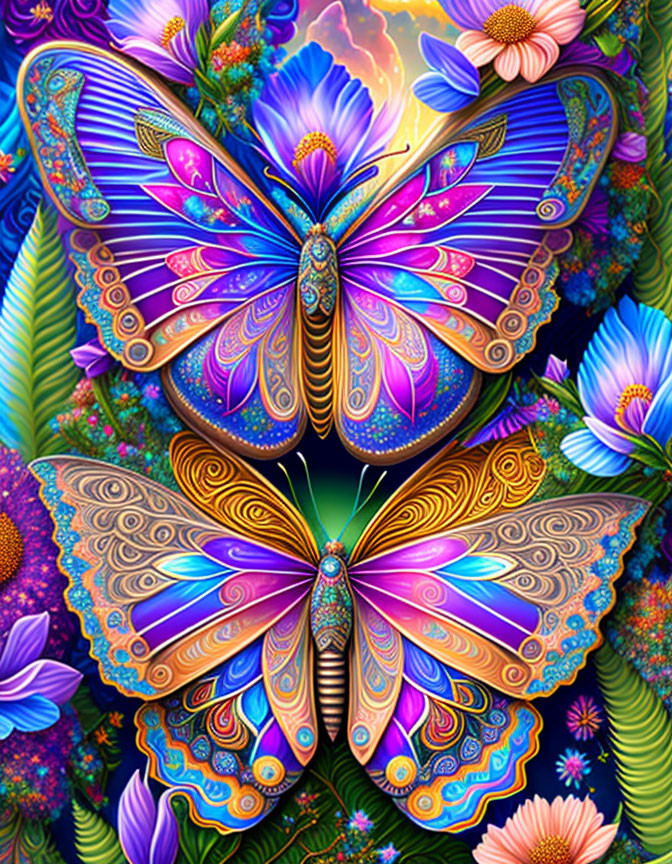 Colorful digital artwork: Two ornate butterflies among exotic flowers