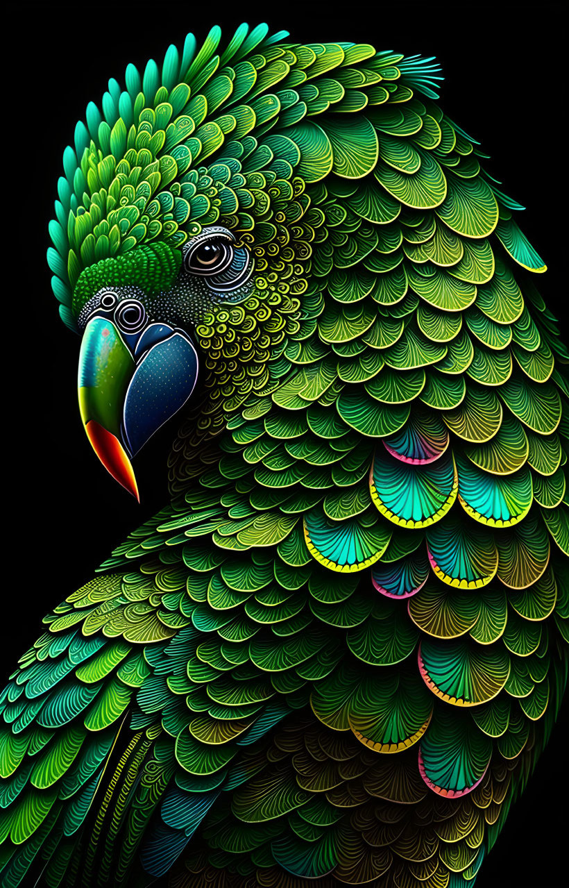 Colorful parrot digital artwork with intricate feather patterns on black background