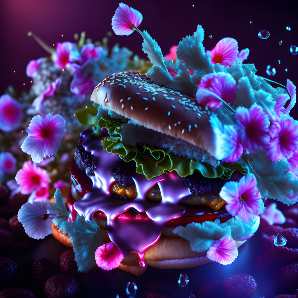 Whimsical surreal burger with vibrant flowers and melting cheese on dark backdrop