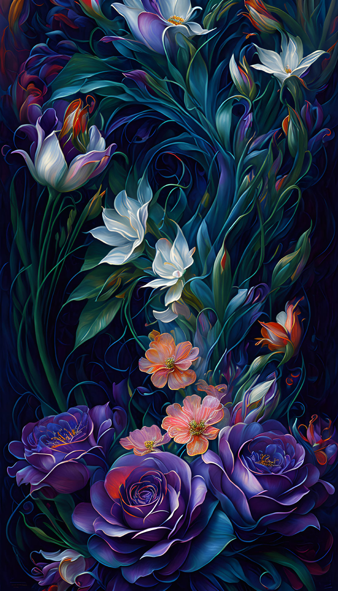 Colorful Floral Painting in Purple, Blue, and Pink on Dark Background