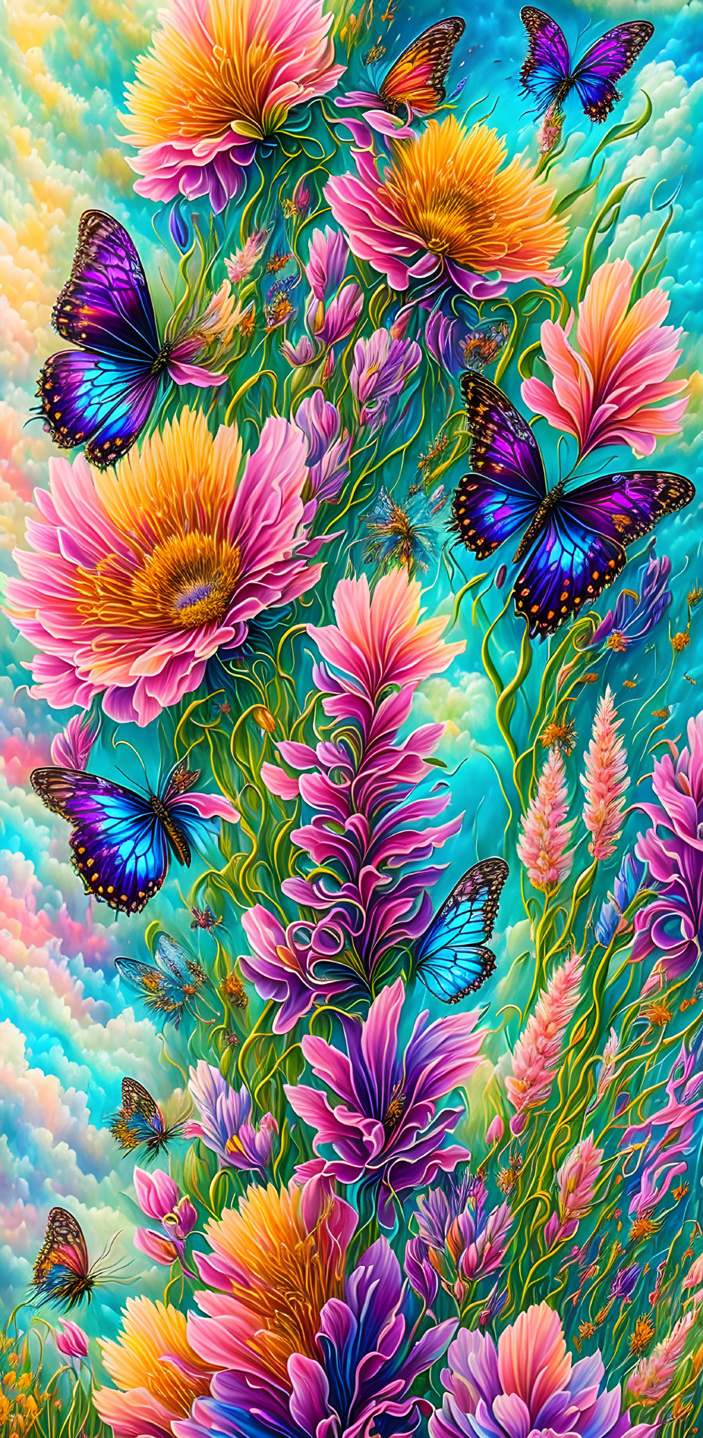 Colorful flowers and butterflies on pastel sky background