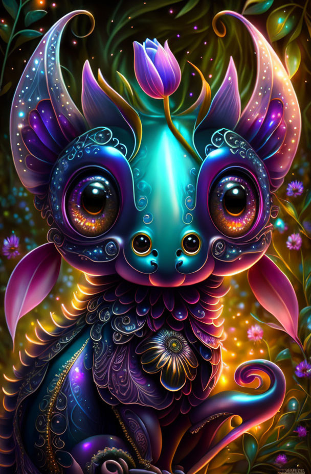 Colorful illustration of whimsical creature with large eyes and intricate patterns in floral setting