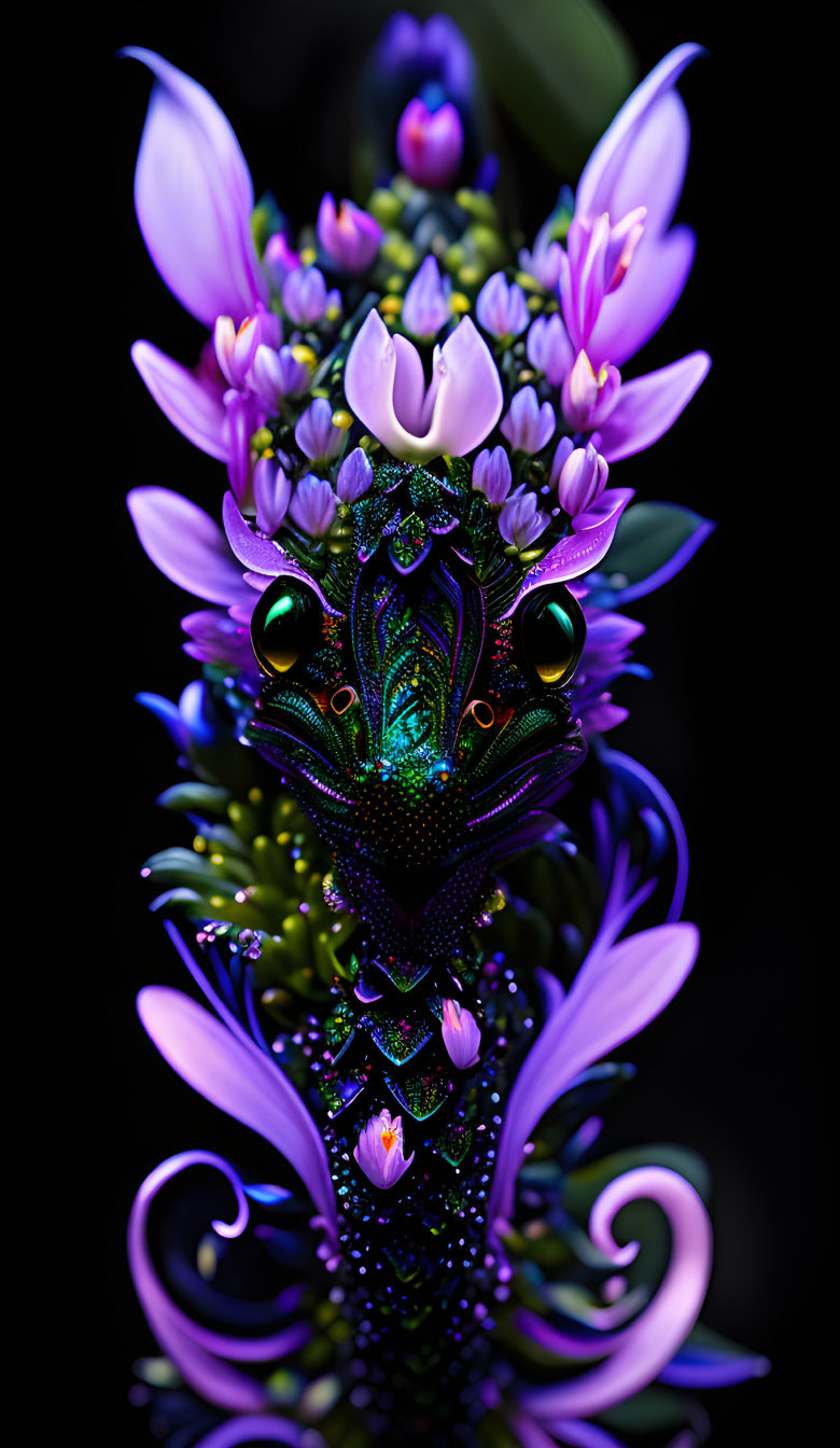 Dragon digital artwork with floral elements and iridescent colors.