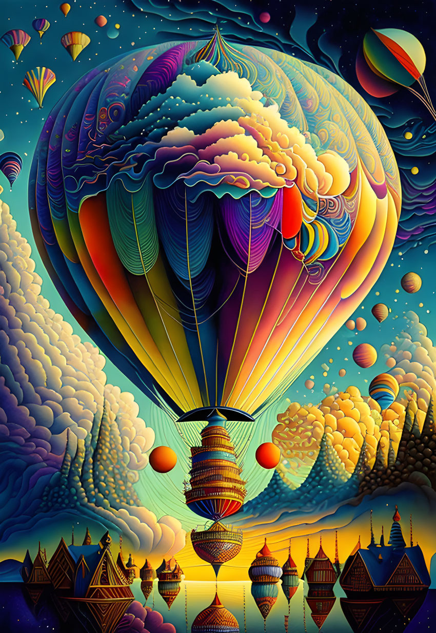 Colorful hot air balloon art in dreamlike sky