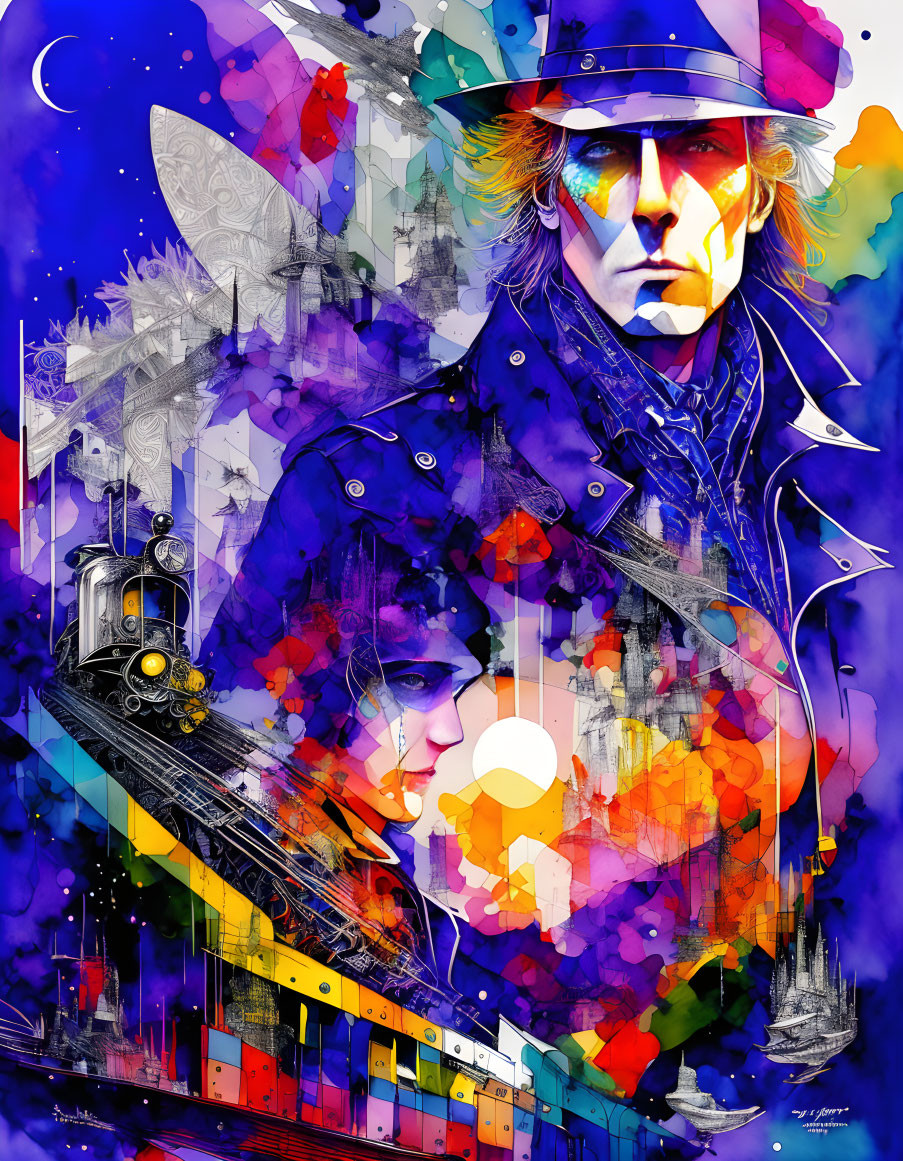 Colorful digital art with surreal train motif and abstract shapes