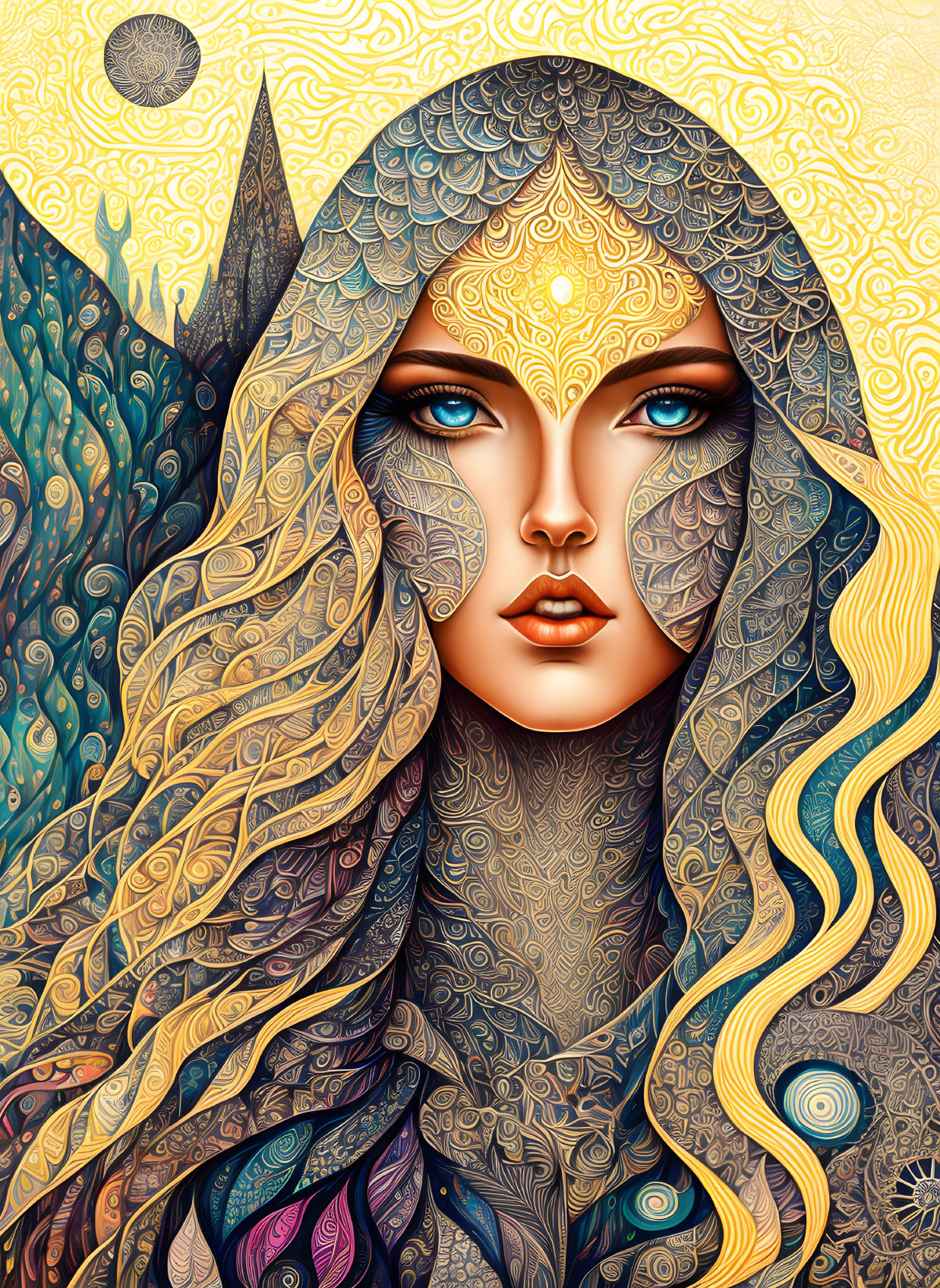 Illustration of Woman with Ornate Skin Patterns and Blue Eyes on Golden Background