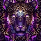 Regal purple lion with golden patterns and pink eyes on dark background