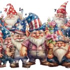 Cartoon gnomes in patriotic American attire with sparklers and confetti