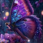 Colorful Butterfly Among Glowing Flowers in Dark Forest