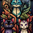 Colorful digital artwork: Two stylized cats in blue, orange, and gold swirls