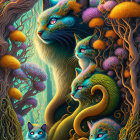 Colorful Stylized Cat Artwork with Swirling Patterns and Abstract Shapes