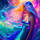 Mermaid with Rainbow Hair and Blue Tail in Cosmic Underwater Scene