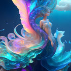 Surreal mermaid with ornate tail in vibrant blue and gold underwater scene