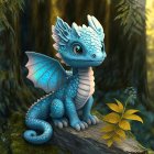 Detailed Illustration of Blue Dragon Among Greenery and Flowers