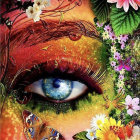 Hyper-realistic eye with colorful flowers and leaves in digital art