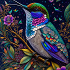 Colorful Hummingbird Illustration with Flowers and Starry Background