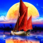 Colorful sailboat art on whimsical sea with moons & clouds