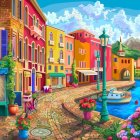 Colorful riverside village artwork with patterned buildings and boats under blue sky.