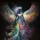 Ethereal being with luminous wings and iridescent dress in cosmic setting